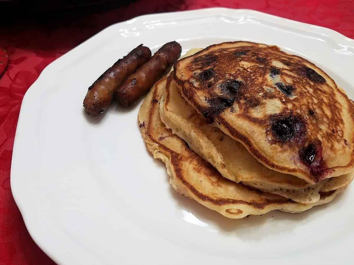 Cooked Pancakes with Sausage Links - Served on Mikasa Antique White Dinnerware
