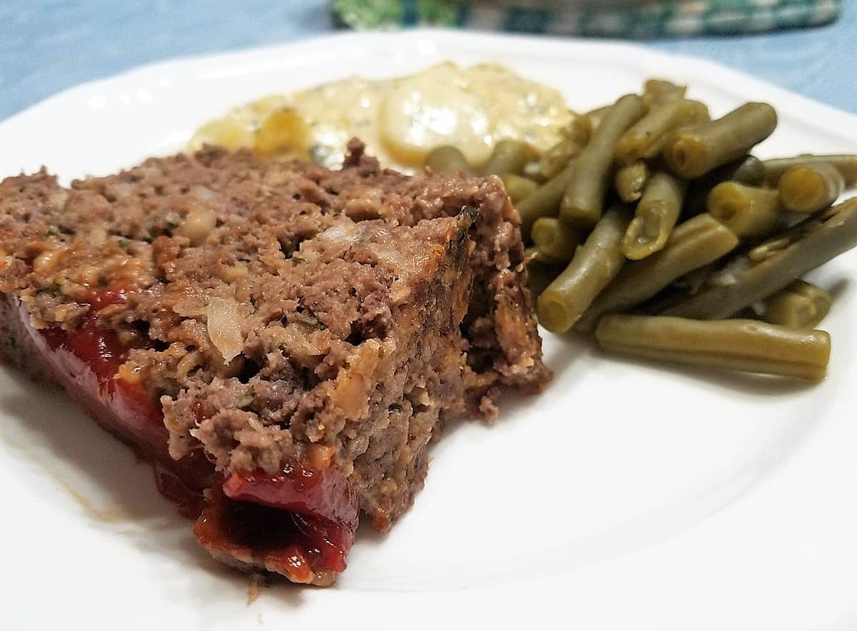Serving Meatloaf with Scalloped Potatoes and Green Beans