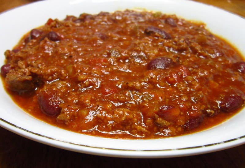 Venison Chili Served in a White Bowl