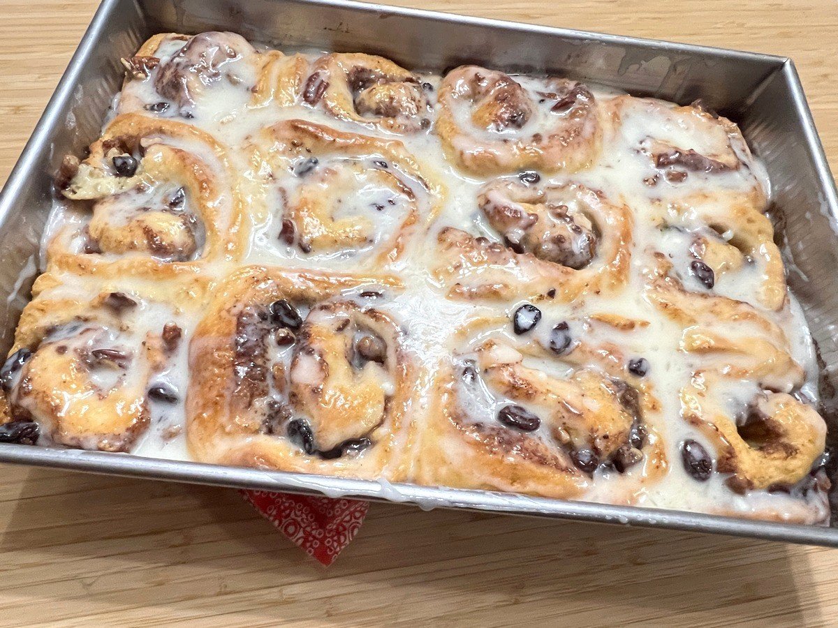 Cinnamon Rolls with Cream Cheese Icing in Oblong Cake Pan