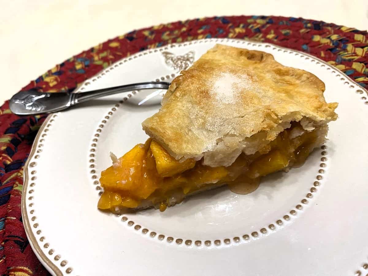 Fresh Peach Pie Served on a Pretty Plate - Pfaltzgraff Farmhouse Hen