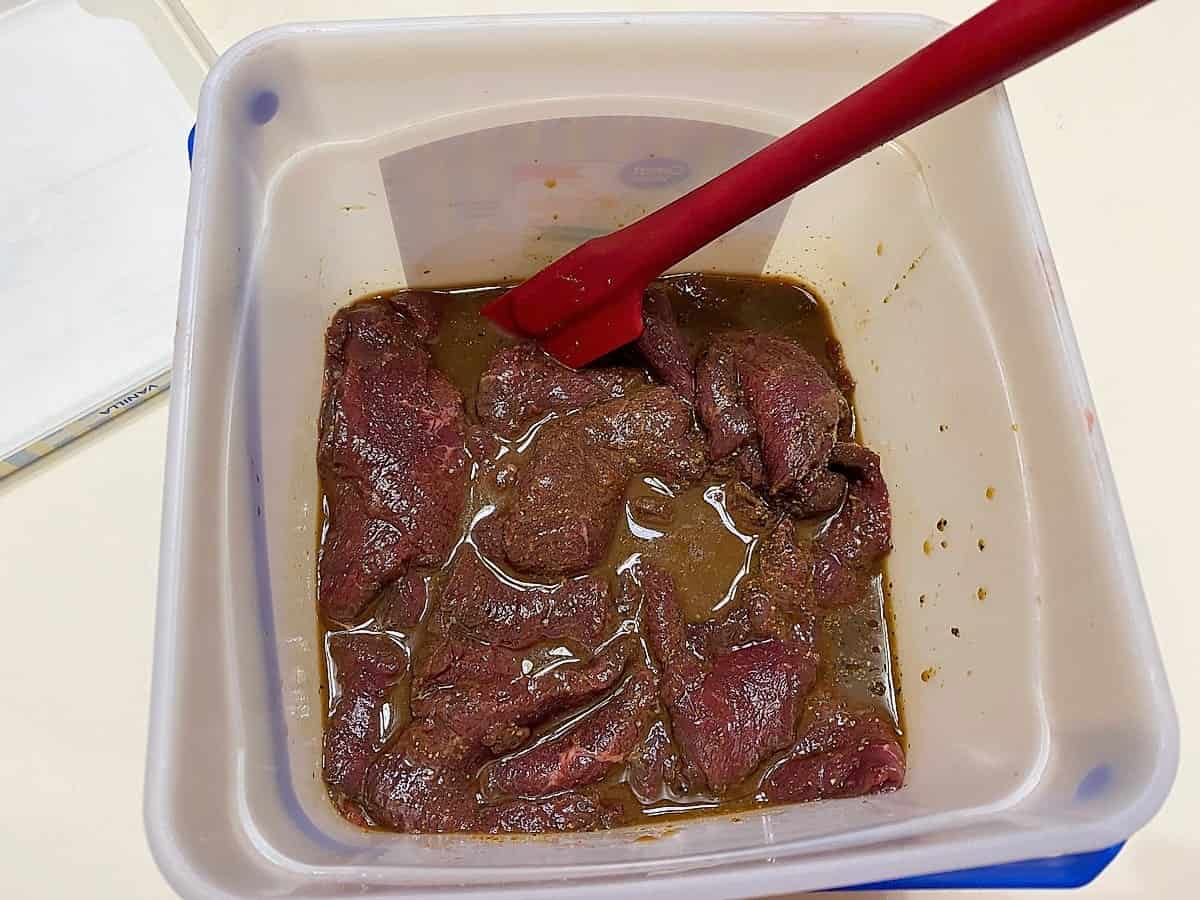Place Sliced Meat into a Gallon Bucket to Marinate