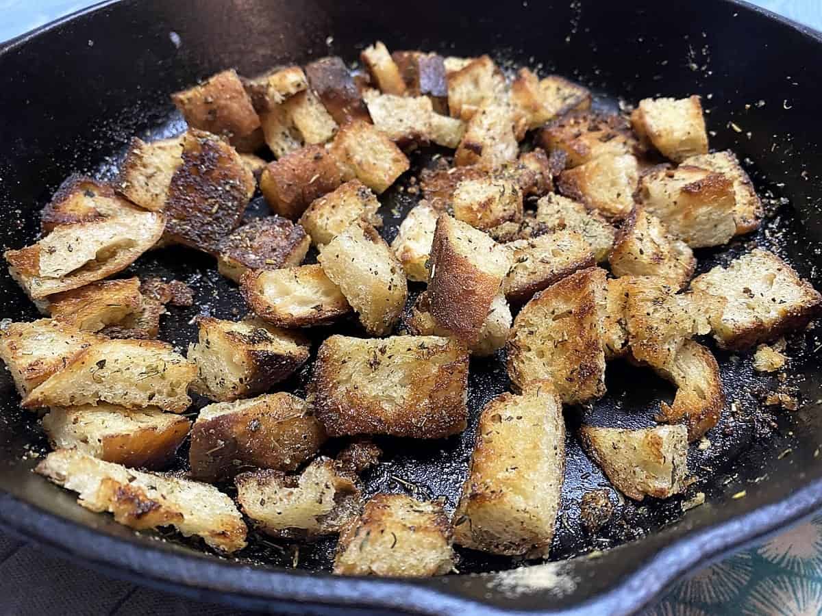Making Croutons in Cast Iron Skillet