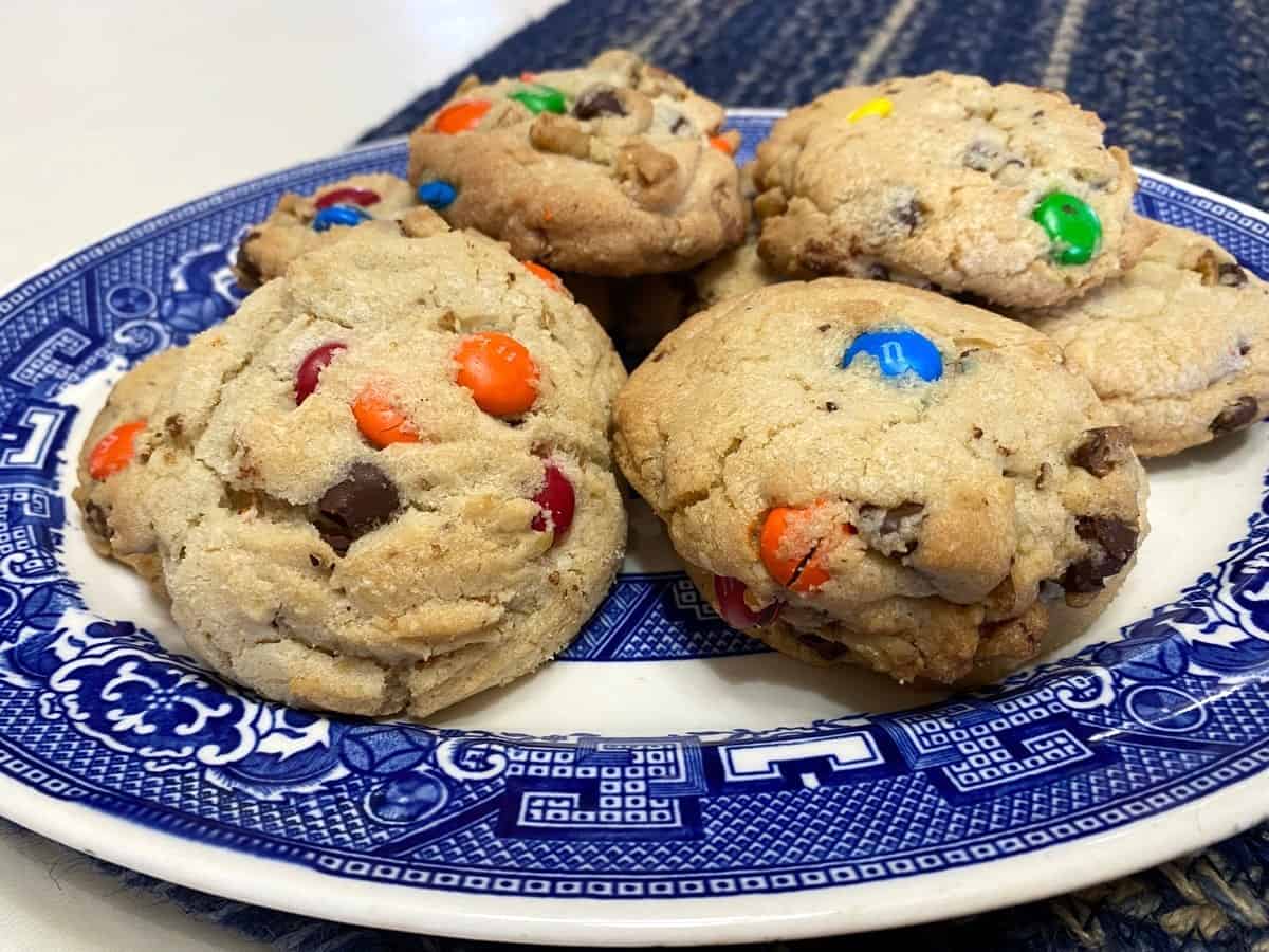 Serving M & M Chocolate Chip Cookies on a Blue Willow Platter
