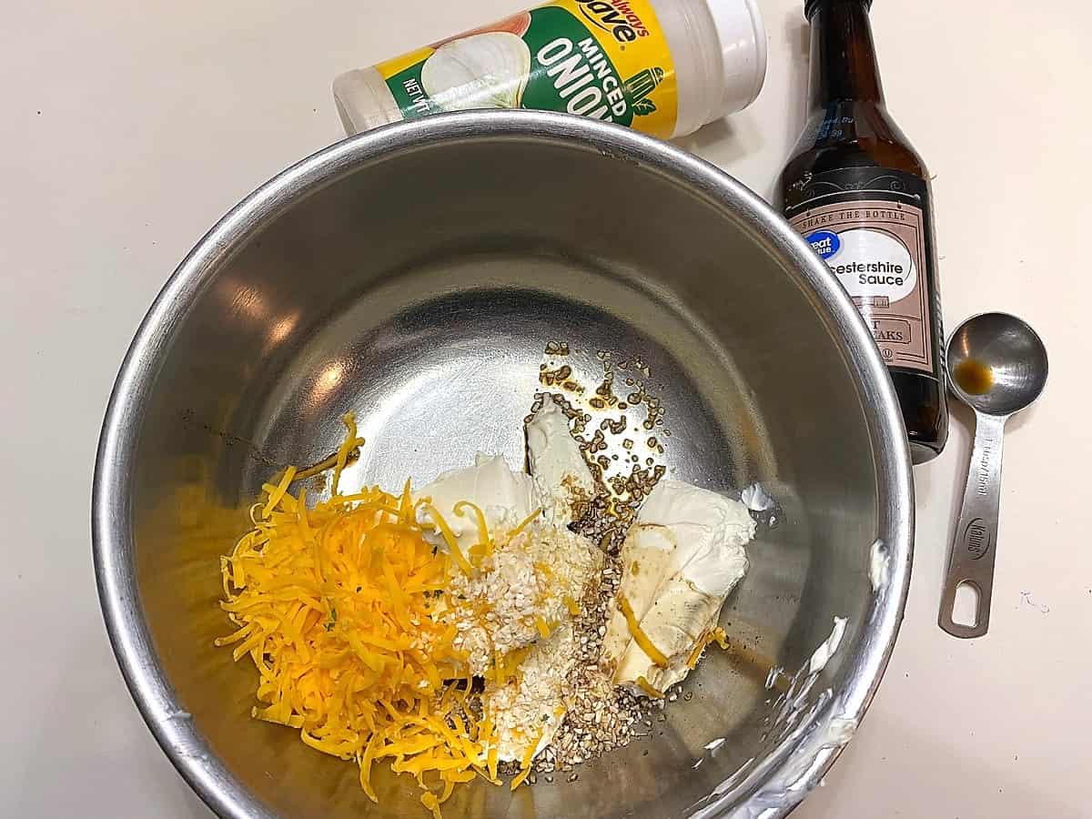 Mix Together the Creamed Cheese, Cheddar Cheese, and Seasonings