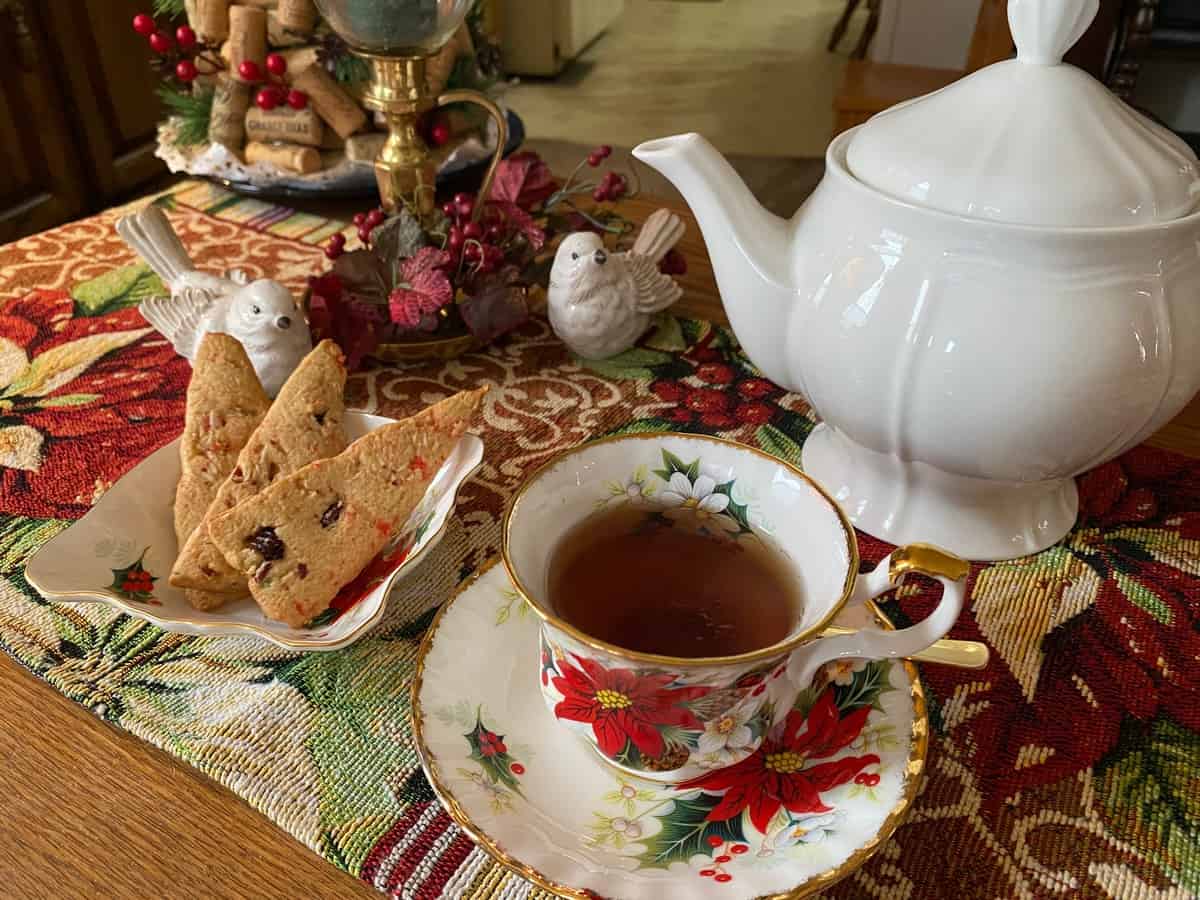 Serve Holiday Cardamom Cookies with Tea with Pretty Dishes - Royal Albert Yuletide - Poinsettia Pattern