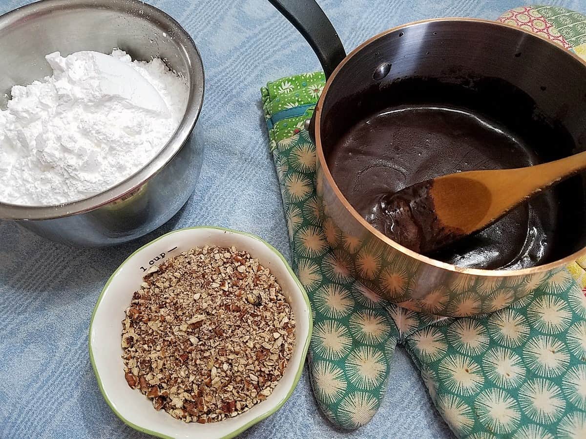 Preparing the Chocolate Pecan Icing