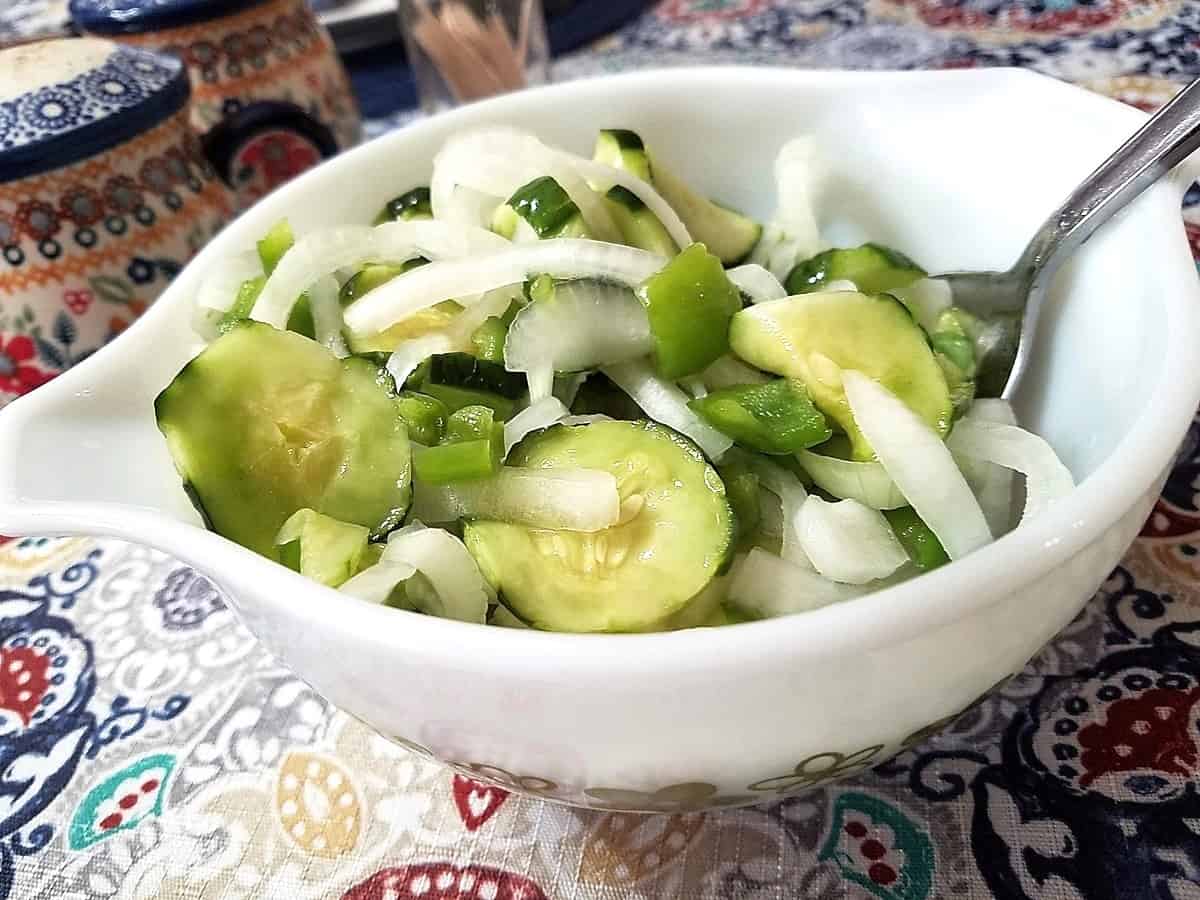Serving Cucumber and Onions in a Vintage Pyrex Bowl