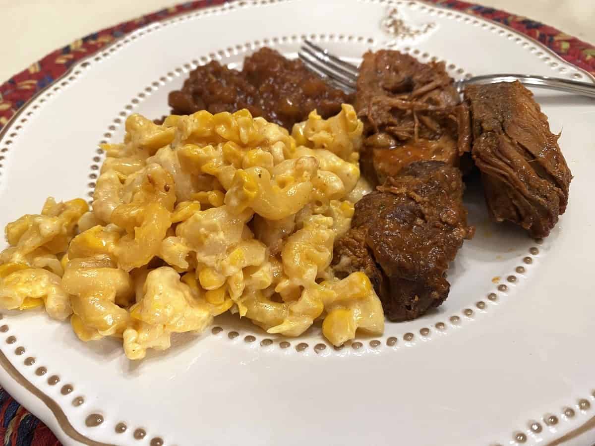 Serve Cheesy Corn and Macaroni with your Favorite Barbecue Foods - Served on Pfaltzgraff Farmhouse Hen Plates