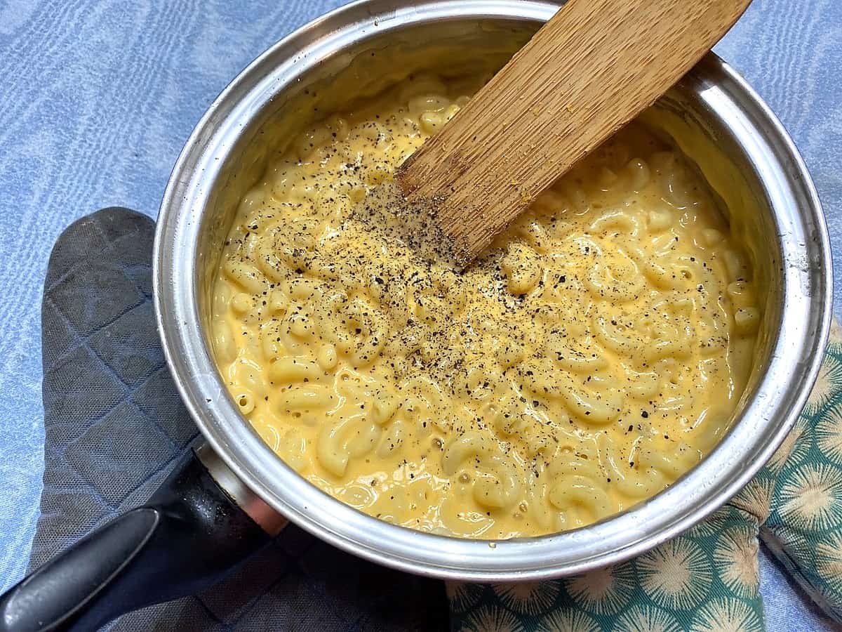 Adding the Cooked Macaroni to the Cheese Sauce
