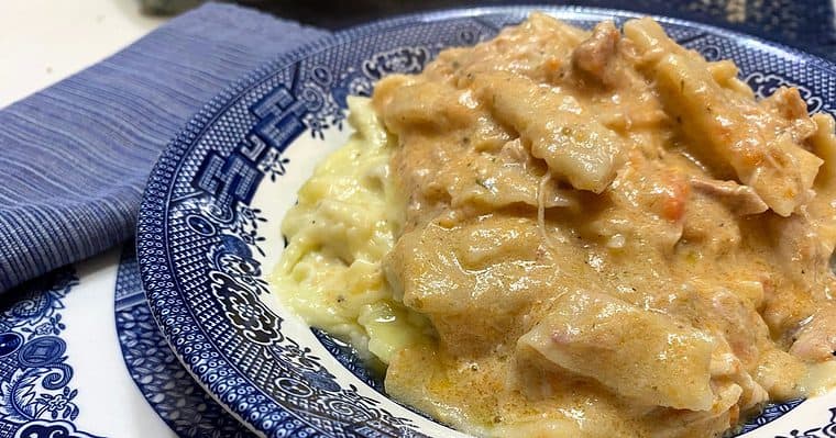 Chicken and Noodles Over Mashed Potatoes