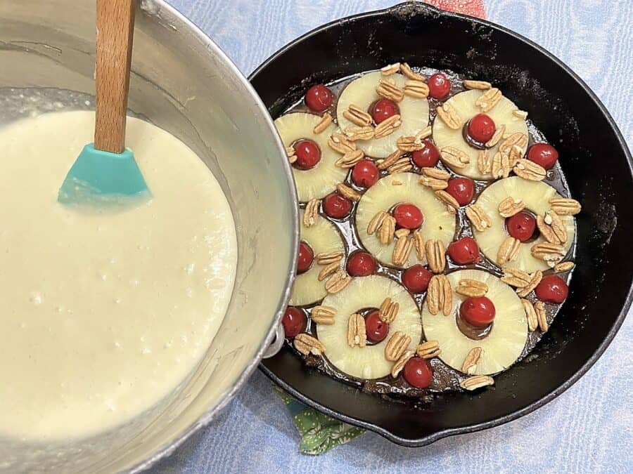 Pouring the Cake Batter over the Topping