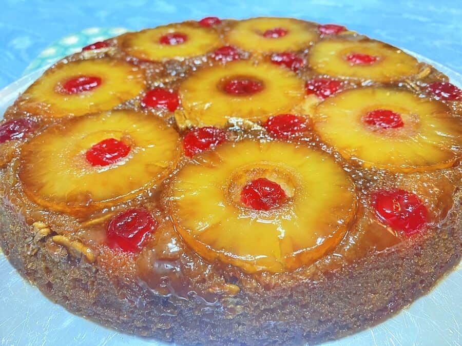 Serving Pineapple Upside Down Cake on Platter