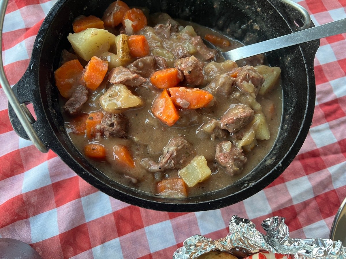 Making Chunky Venison Stew in Camp Dutch Oven