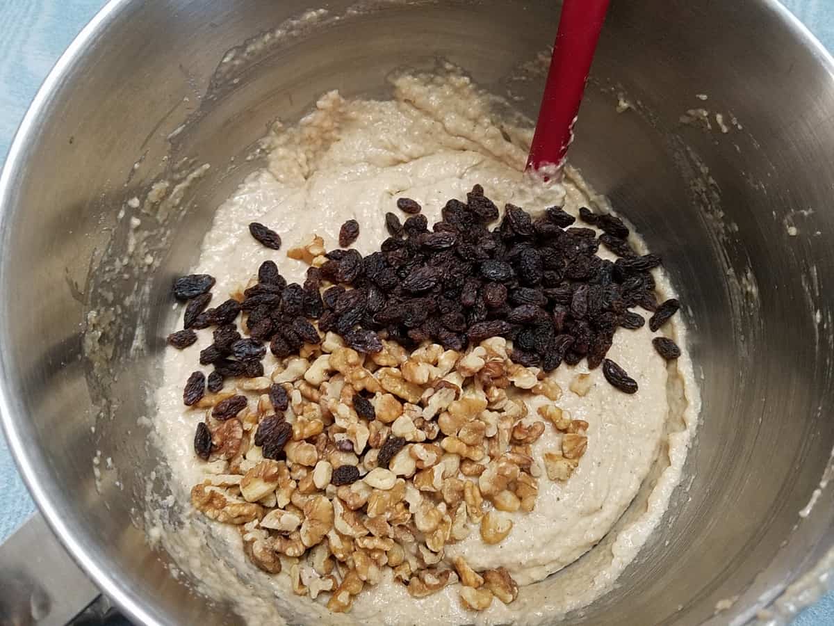 Fold Raisins and Nuts into the Cake Batter. 