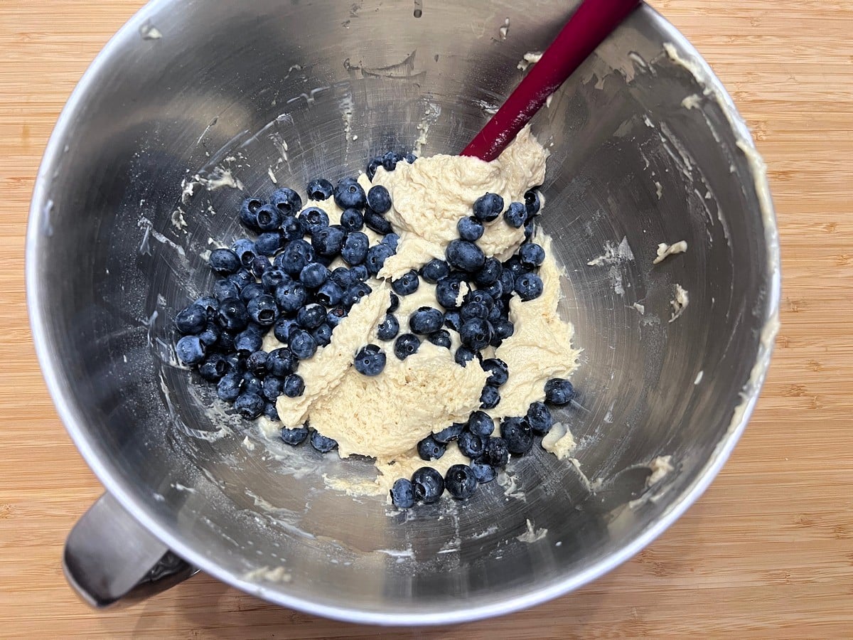 Fold Blueberries into the cake batter until incorporated.