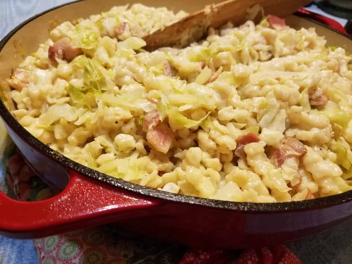 Serving German Spaetzle with Cabbage for Oktoberfest or Holidays