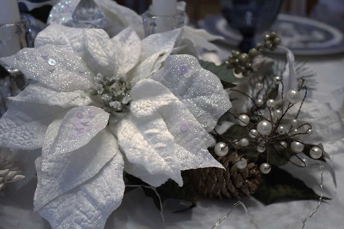 Artificial White Poinsettia's on the Table