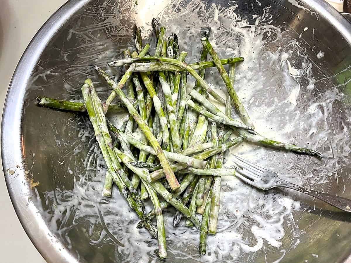 Coat Asparagus Spears in Egg Wash-Mayo Mixture