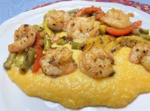 Serving Cajun Shrimp (and Vegetables) over Cheesy Grits