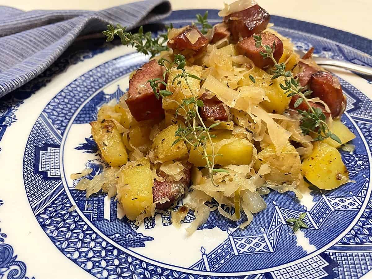 Serve Kielbasa Dish on Pretty Dishes like Blue Willow and Garnish with Fresh Thyme