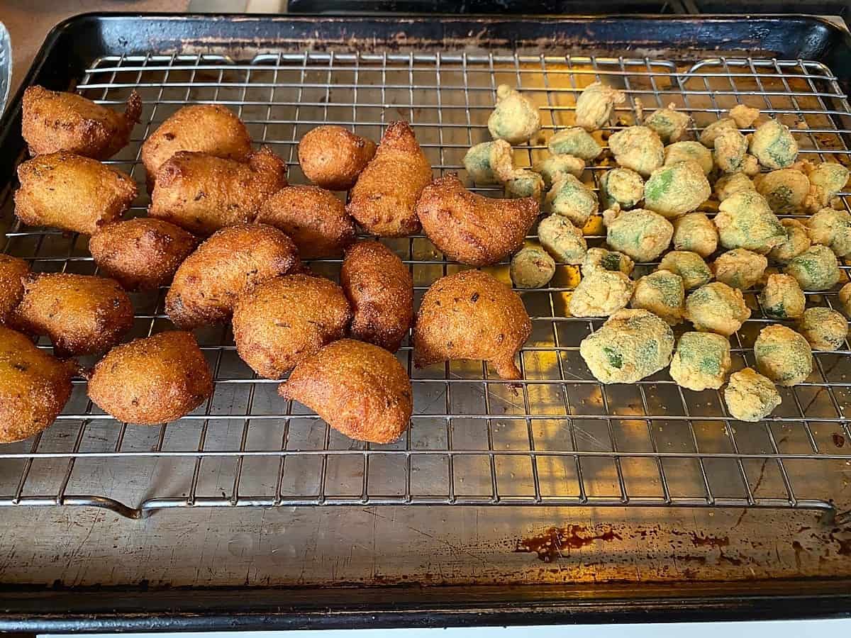 Drain Fried Okra and Hush Puppies on Wire Rack 
