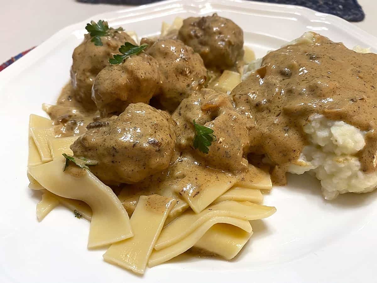 Serve Meatballs and Sauce over Egg Noodles and Mashed Potatoes