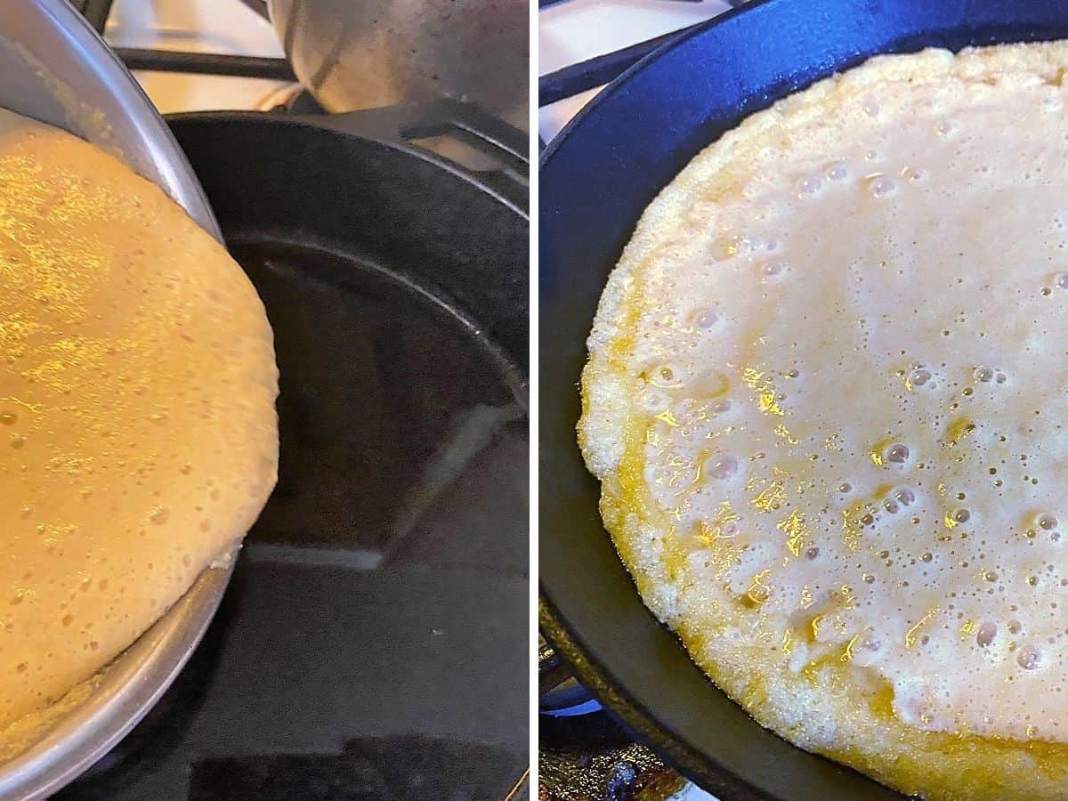 Pour Cornbread Batter into Hot Skillet with Melted Shortening