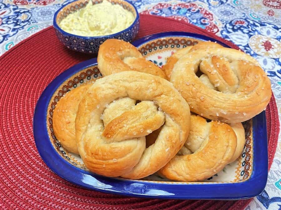 Pretzels with Mustard Dip on Polish Pottery - Super Bowl Party Ideas