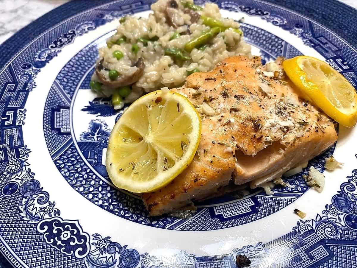 Serve Salmon with Asparagus and Mushroom Risotto