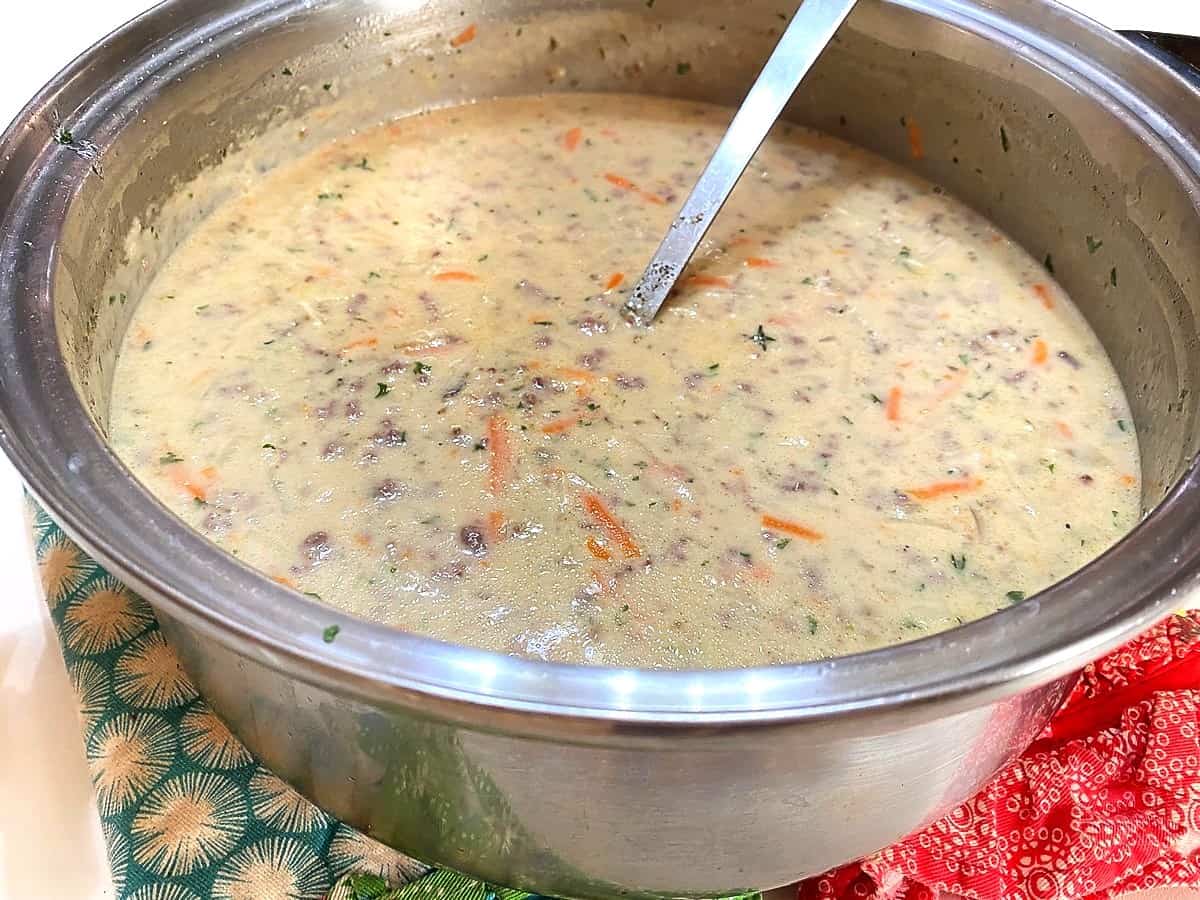 Cheeseburger Soup Made in a Large Kettle