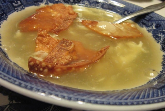 Egg Drop Soup Served with Fried Wan Ton Wraps