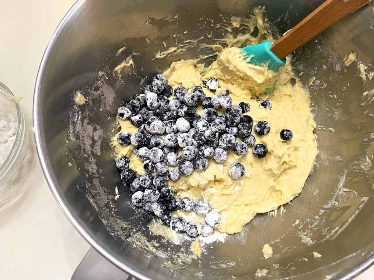 Add Flour to Blueberries and Fold into Cake Batter