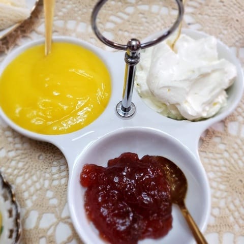 Lemon Curd with Faux Clotted Cream and Strawberry Jam