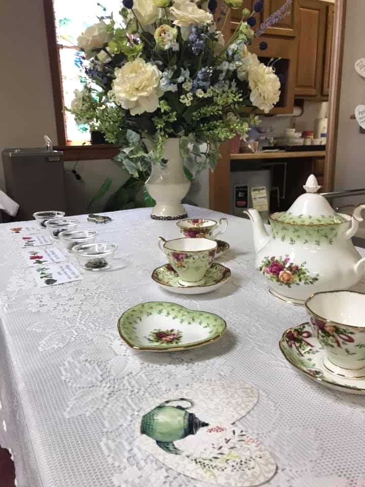 The Main Table at the Bridal Shower with Tea Examples and a Bridal Tea Set Gift - Royal Albert English Roses with Green Border