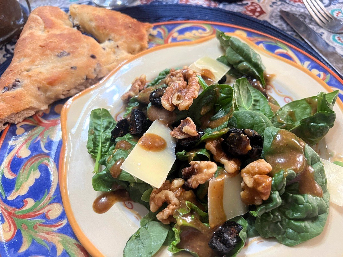 Serve Sourdough Olive Flatbread with a Side Salad - Spinach Salad with Fig Dressing