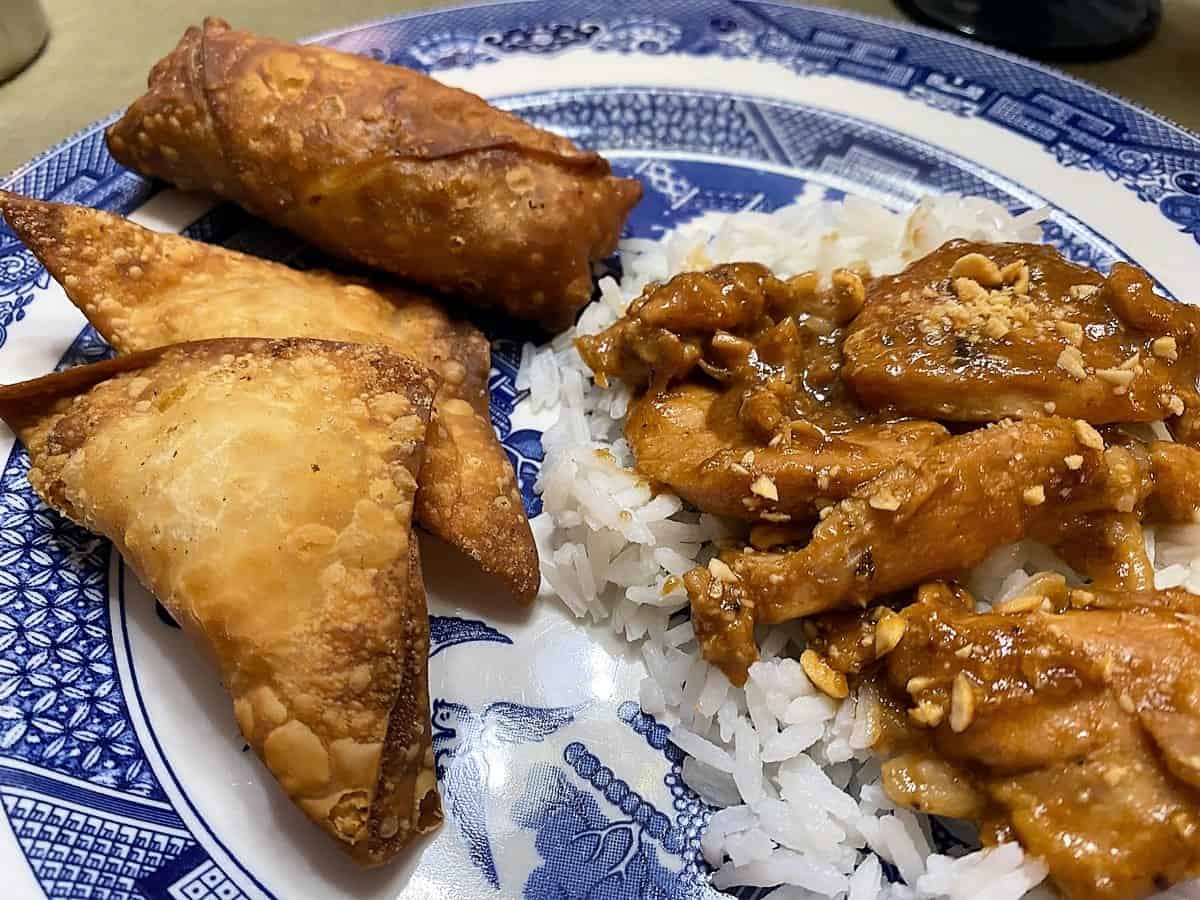 Serve Peanut Chicken with White Rice on Blue Willow Dishes