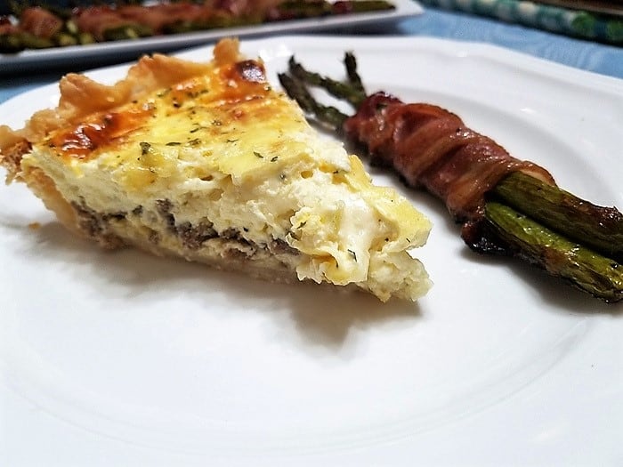 Serving Breakfast Quiche with Bacon-Wrapped Asparagus