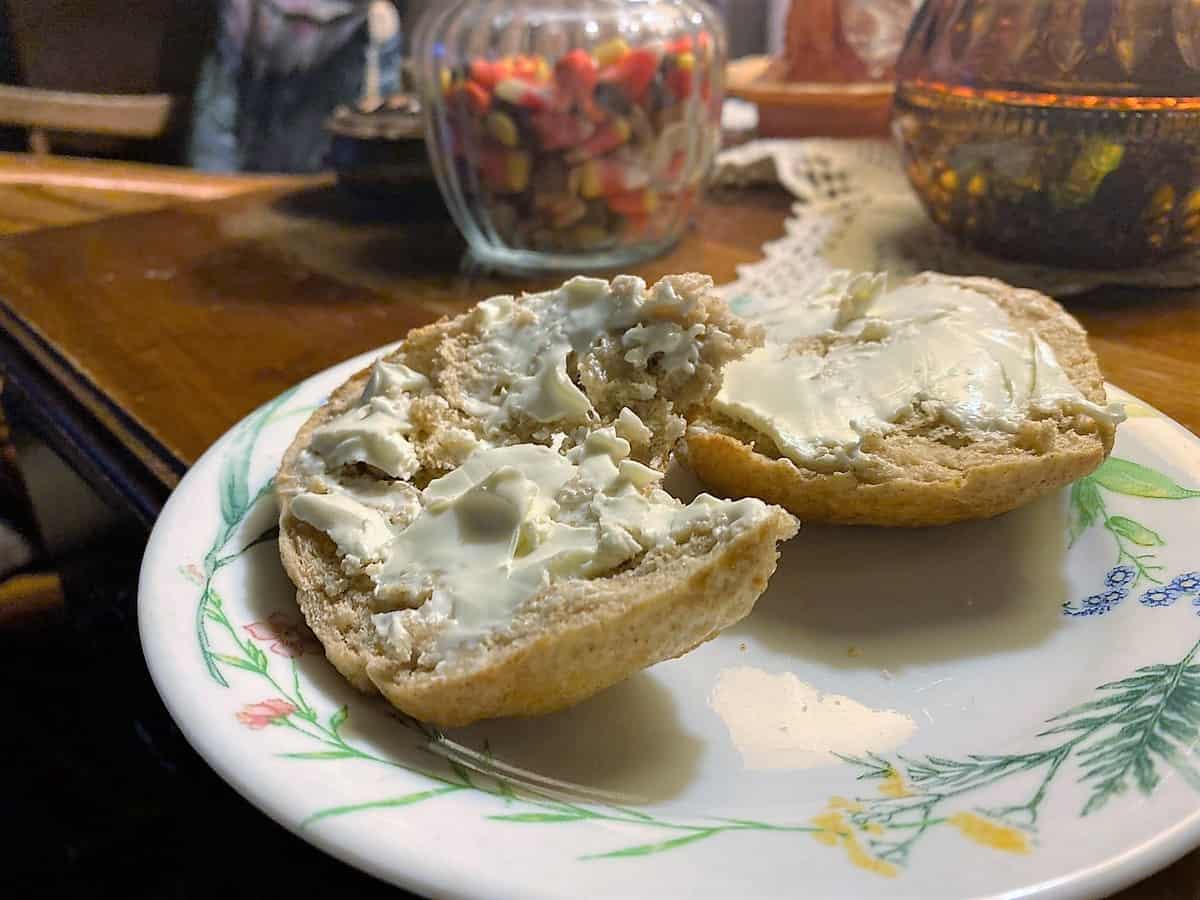 Homemade Sourdough Bagels Slathered with Cream Cheese