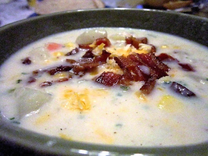 Serving Shrimp Chowder with Bacon and Cheddar Cheese