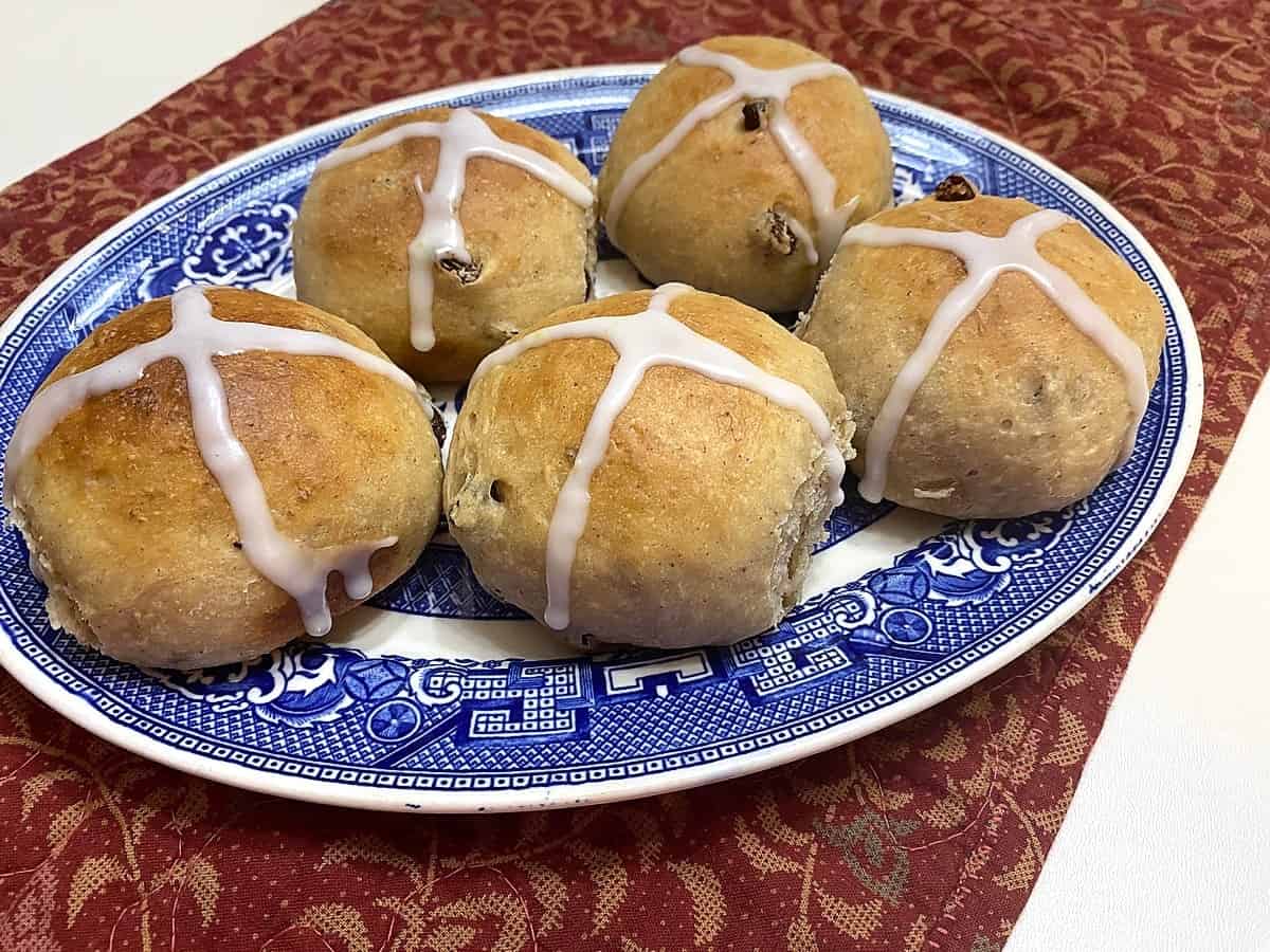 Serve Hot Cross Buns while Warm on Blue Willow Platter
