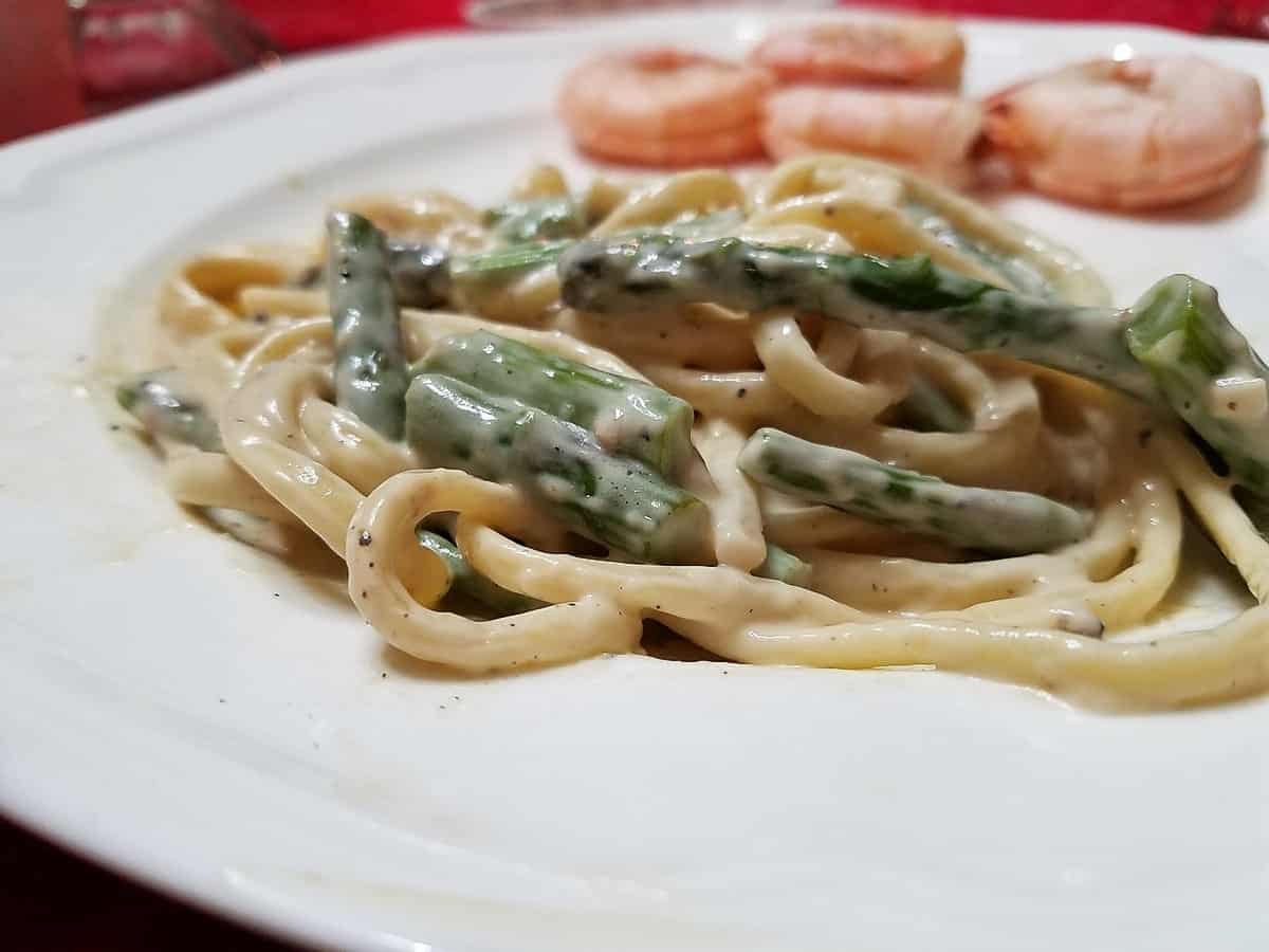 Serving Fettuccine with Asparagus and Shrimp