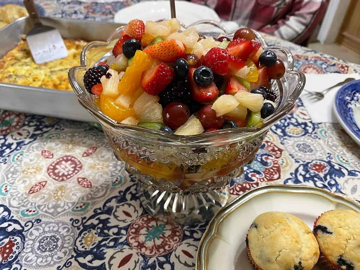 Serve Fruit Salad with Weekend Brunch Casserole and Blueberry Muffins