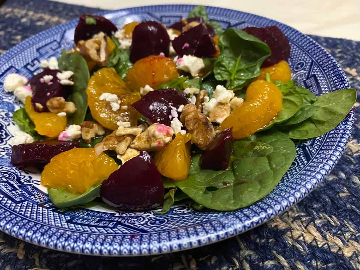 Spinach Beet Mandarin Salad Served in Blue Willow Bowls