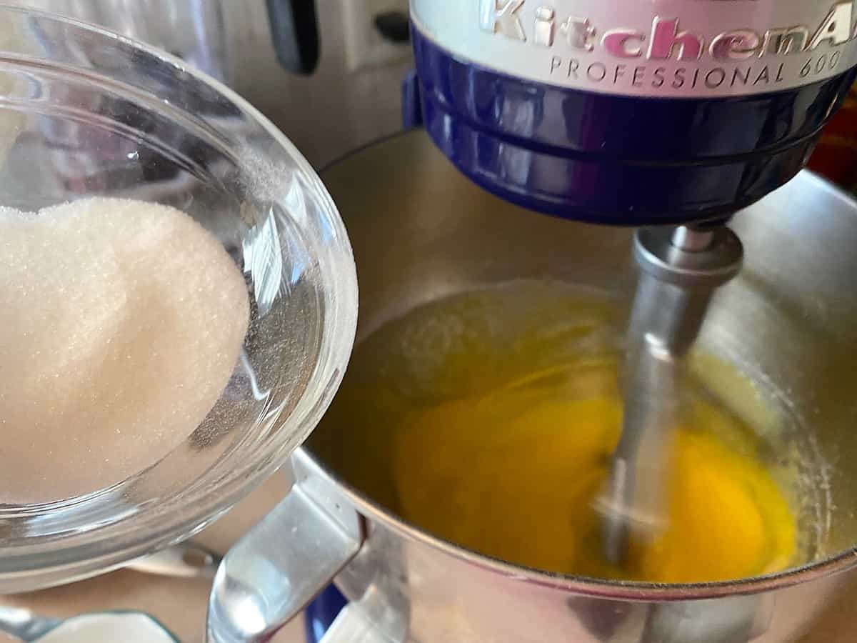 Mixing Sugar into Egg Yolks with Mixer
