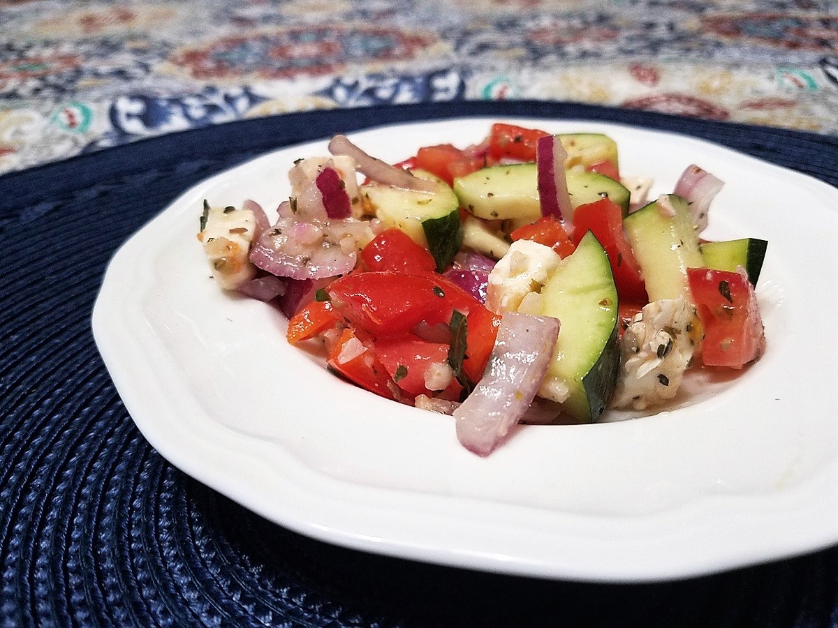 Serving Mediterranean Salad on Mikasa Antique White Dishes