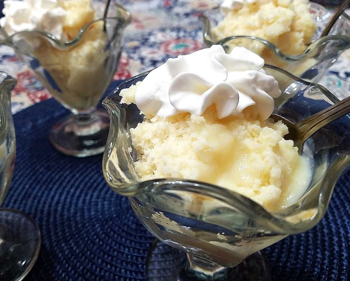 Serving Lemon Pudding Cake in Dessert Cups with Whipped Topping