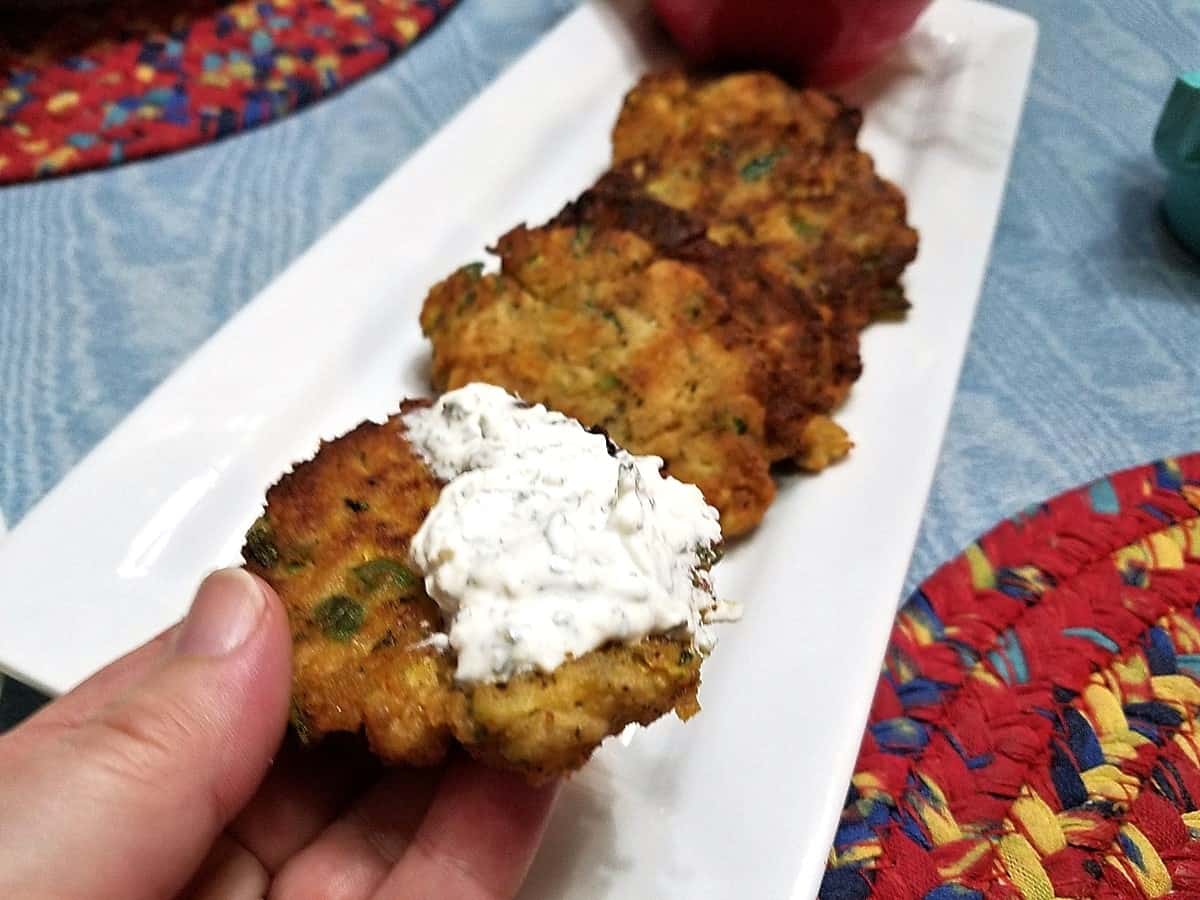 Serving Zucchini Fritters with Ranch Dip