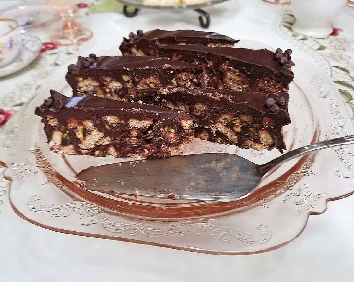 Serving Chocolate Biscuit Cake at a Tea Party