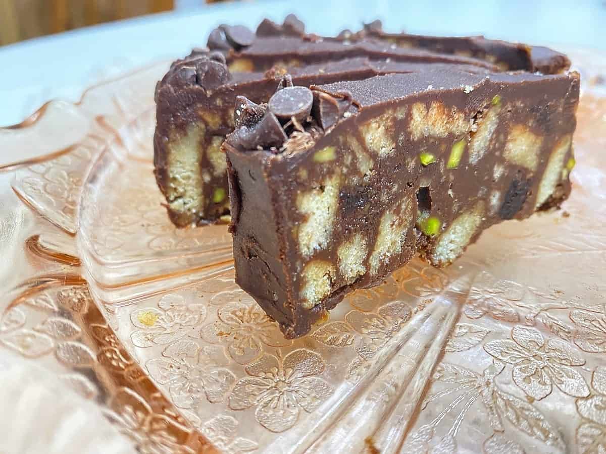 Chocolate Biscuit Cake with Pistachios and Dried Cherries